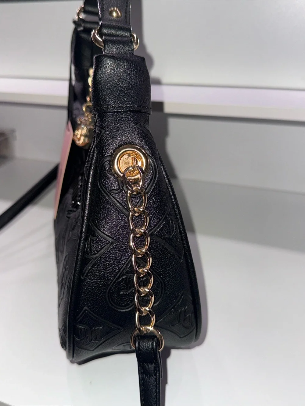 Juicy Couture Black Embossed Logo Crescent Shoulder Bag with Gold Chain